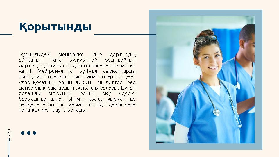 Қорытынды Бұрынғыдай, мейірбике ісіне дәрігердің айтқанын ғана бұлжытпай орындайтын дәрігердің көмекшісі деген көзқар