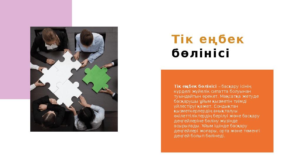 Т і к е ң б е к б ө л і н і с і Тік еңбек бөлінісі – басқару ісінің күрделі жүйелік сипатта болуынан туындайтын әрекет. М