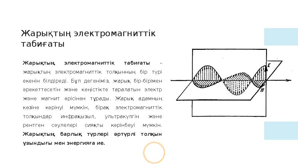Жарықтың электромагниттік табиғаты – жарықтың электромагниттік толқынның бір түрі екенін білдіреді. Бұл дегеніміз,