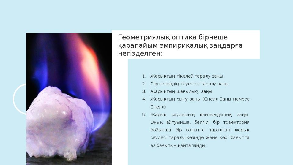 1. Жарықтың тікелей таралу заңы 2. Сәулелердің тәуелсіз таралу заңы 3. Жарықтың шағылысу заңы 4. Жарықтың сыну заңы (Снелл З