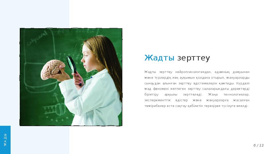 Жадты зерттеу Жадты зерттеу нейропсихологиядан, адамның дамуынан және түрлердің кең ауқымын қолдана отырып, жануарла