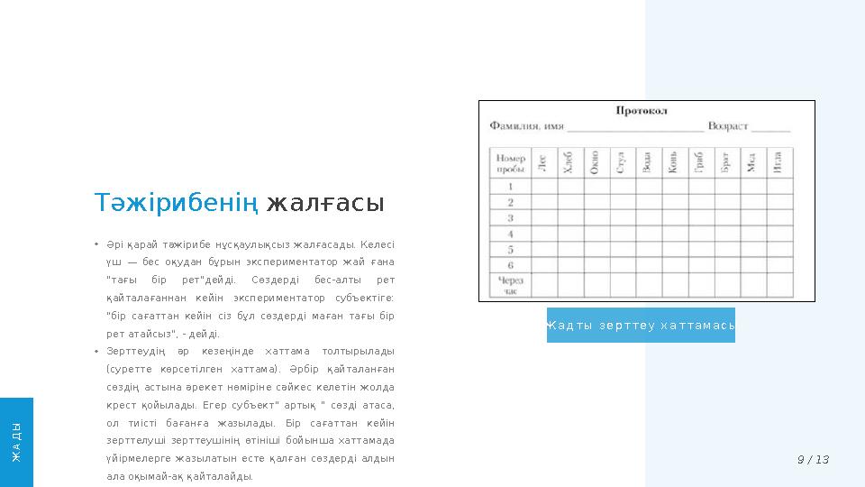 Тәжірибенің жалғасы 9 / 13Ж АД Ы• Әрі қарай тәжірибе нұсқаулықсыз жалғасады. Келесі үш — бес оқудан бұрын экспериме