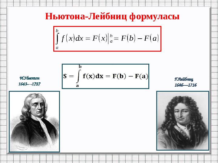 И.Ньютон 1643—1727 Г.Лейбниц 1646—1716Ньютона-Лейбниц формуласы