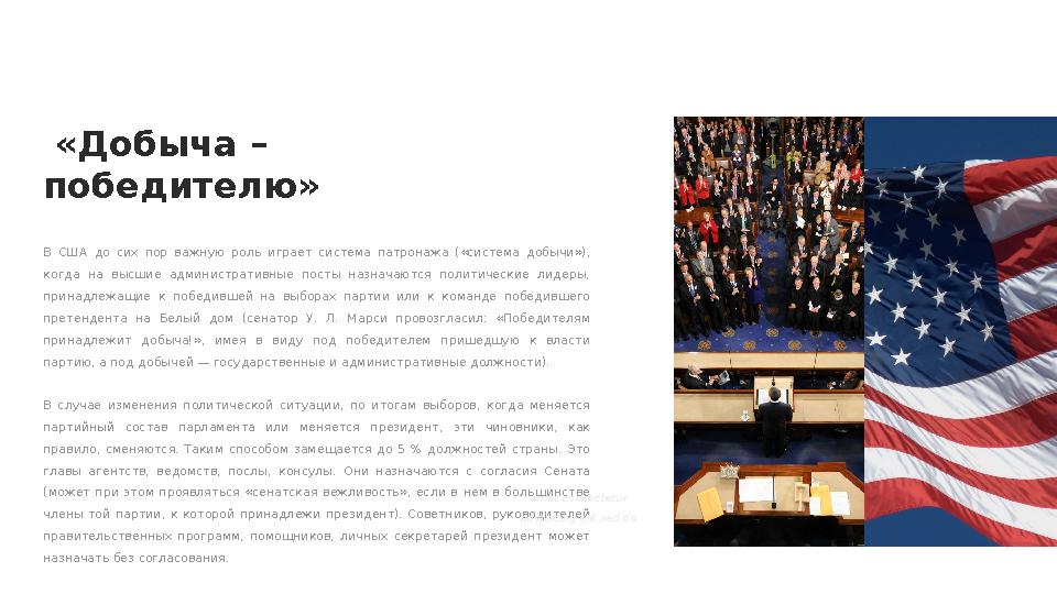 «Добыча – победителю» В США до сих пор важную роль играет система патронажа («система добычи»), когда на высшие