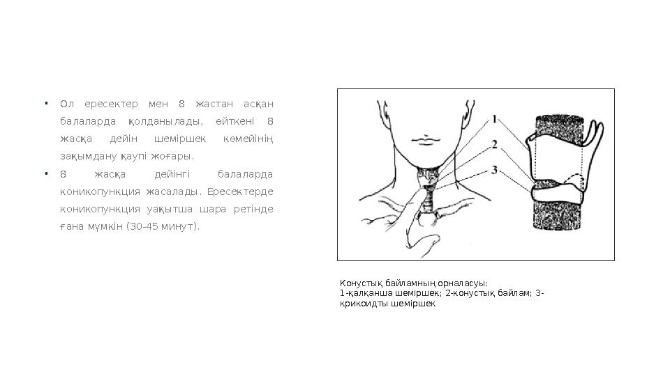 • Ол ересектер мен 8 жастан асқан балаларда қолданылады, өйткені 8 жасқа дейін шеміршек көмейінің зақымдану қаупі
