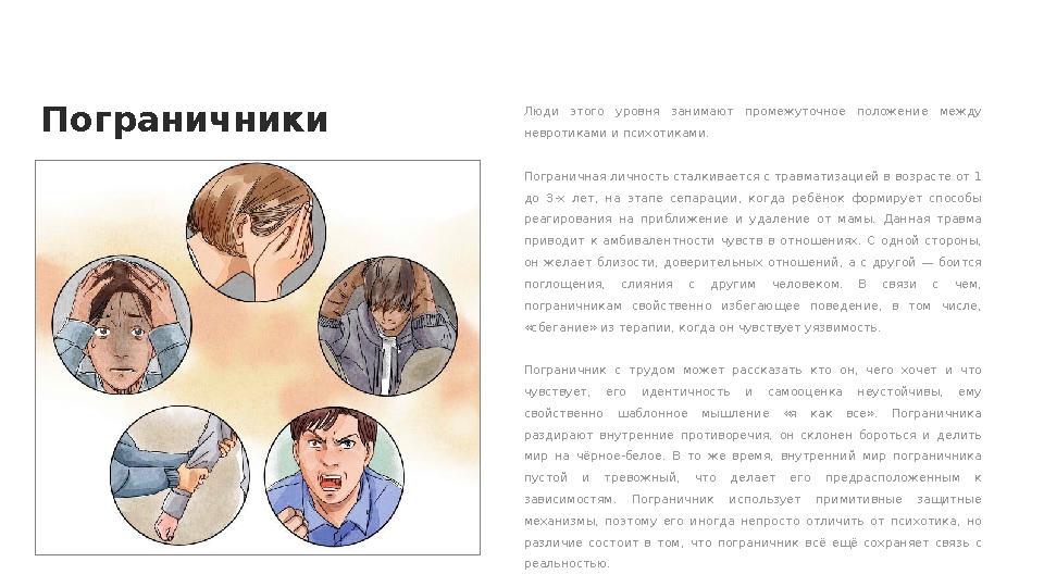 Пограничники Люди этого уровня занимают промежуточное положение между невротиками и психотиками. Пограничная личность ста