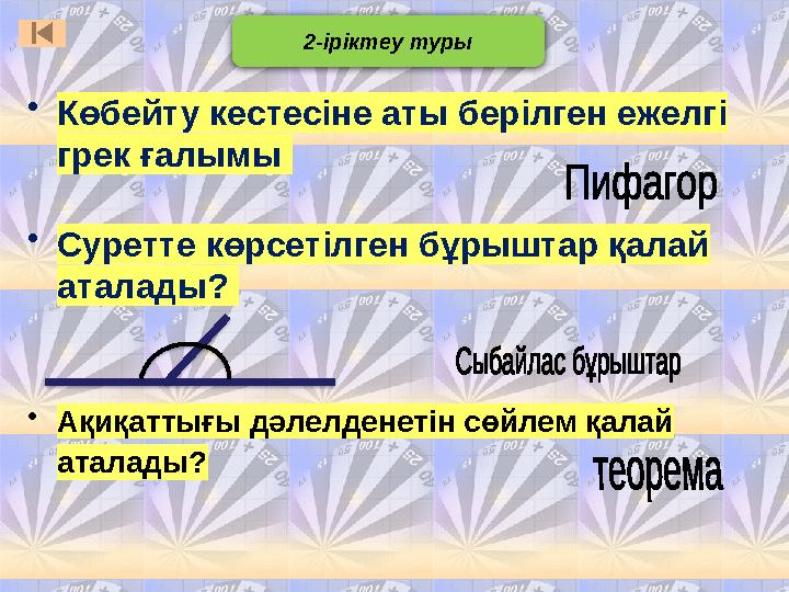 • Көбейту кестесіне аты берілген ежелгі грек ғалымы • Суретте көрсетілген бұрыштар қалай аталады? • Ақиқаттығы дәлелденетін