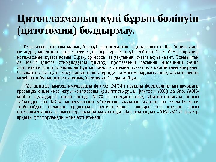 Цитоплазманың күні бұрын бөлінуін (цитотомия) болдырмау. Телофазада цитоплазманың бөлінуі актиномиозин сақинасының пайда