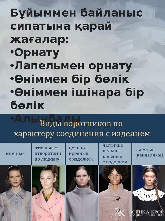 Бұйыммен байланыс сипатына қарай жағалар: • Орнату • Лапельмен орнату • Өніммен бір бөлік • Өніммен ішінара бір бөлік • Ал