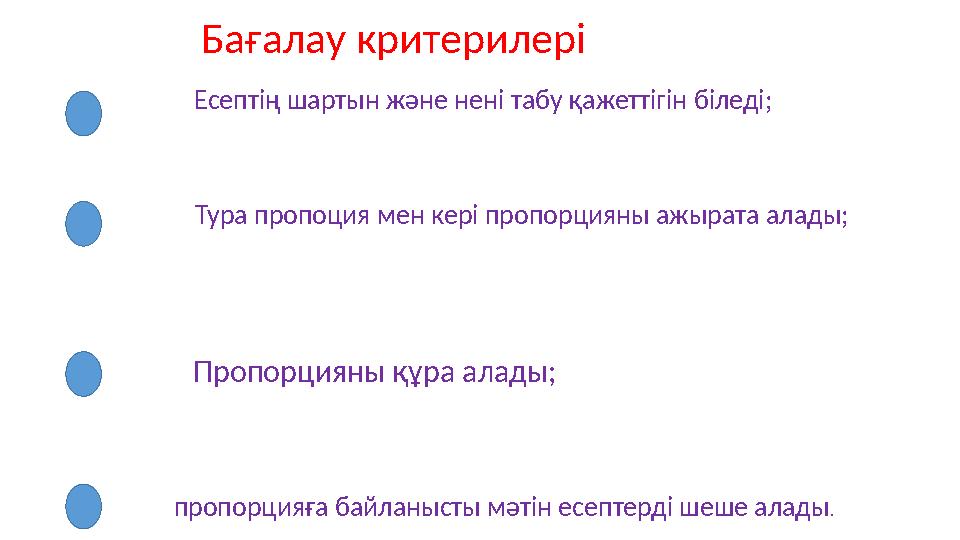 Бағалау критерилері Есептің шартын және нені табу қажеттігін біледі; Тура пропоция мен кері пропорцияны ажырата алады; пропорция