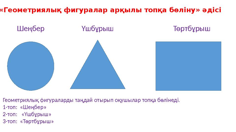 «Геометриялық фигуралар арқылы топқа бөліну» әдісі Шеңбер Үшбұрыш Төртбұрыш Геометриялық фигураларды таңдай отырып оқушылар топ