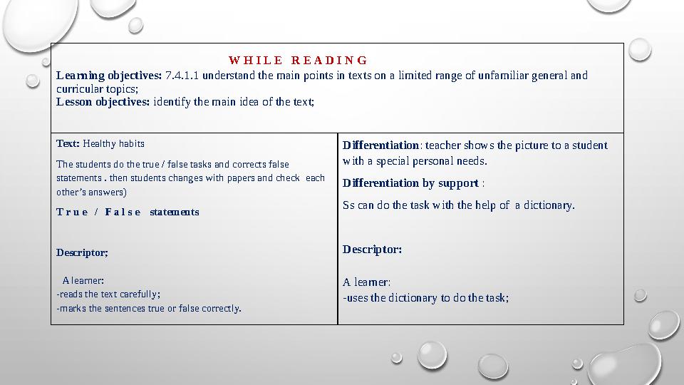 W H I L E R E A D I N G Learning objectives: 7.4.1.1 understand the main points in texts on