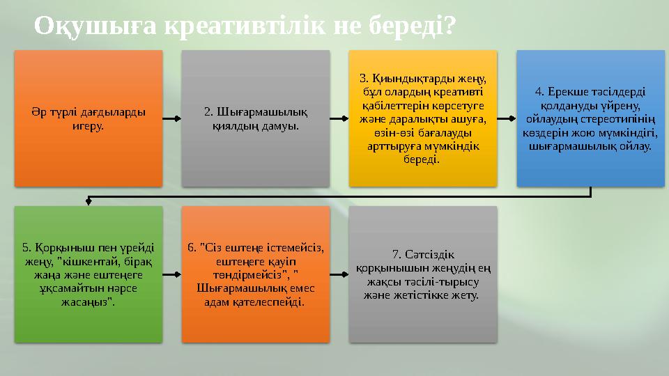 Оқушыға креативтілік не береді? Әр түрлі дағдыларды игеру. 2. Шығармашылық қиялдың дамуы. 3. Қиындықтарды жеңу, бұл олардың к