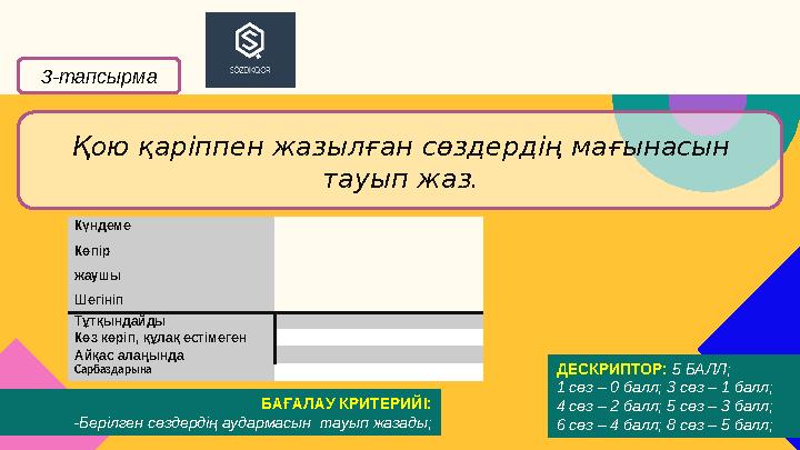 Қою қаріппен жазылған сөздердің мағынасын тауып жаз.3-тапсырма БАҒАЛАУ КРИТЕРИЙІ: -Берілген сөздердің аудармасын тауып жазады