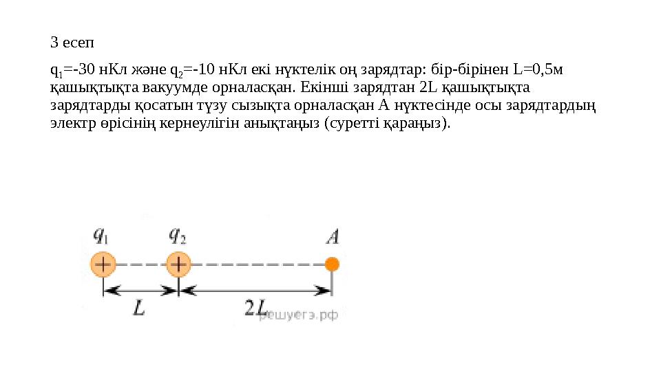 3 есеп q 1 = - 30 нКл және q 2 = - 10 нКл е кі нүктелік оң зарядтар: бір-бірінен L=0,5 м қашықтықта вакуумде орналасқ