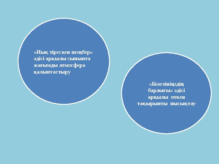 «Иық тірескен шеңбер» әдісі арқылы сыныпта жағымды атмосфера қалыптастыру «Білетініңздің барлығы» әдісі арқылы өткен тақы