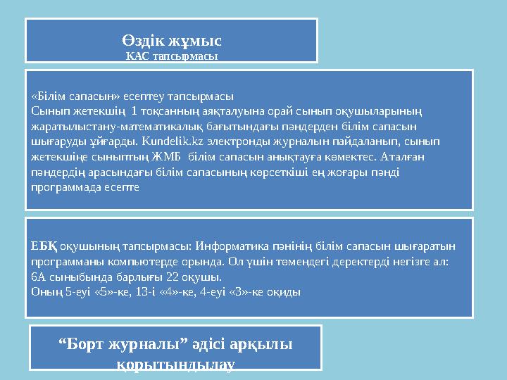 Өздік жұмыс КАС тапсырмасы «Білім сапасын» есептеу тапсырмасы Сынып жетекшің 1 тоқсанның аяқталуына орай сынып оқушыларының жа