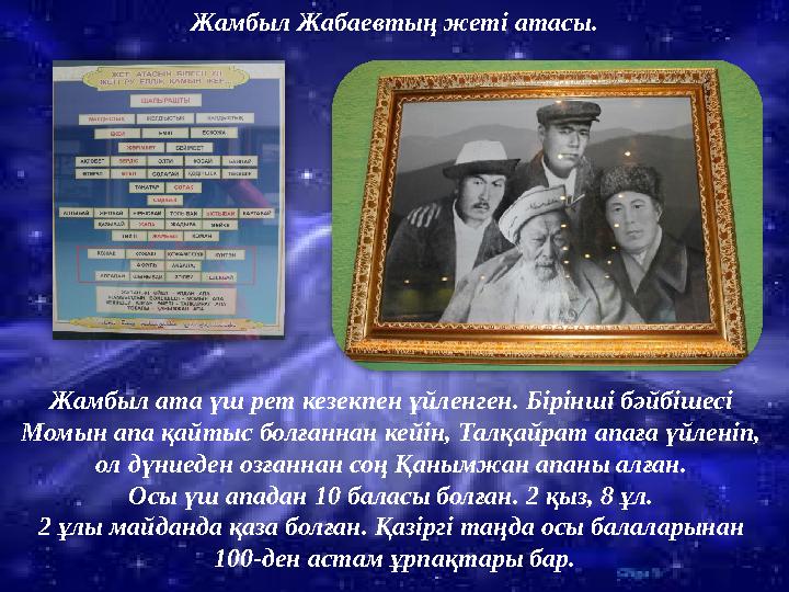 Жамбыл Жабаевтың жеті атасы. Жамбыл ата үш рет кезекпен үйленген. Бірінші бәйбішесі Момын апа қайтыс болғаннан кейін, Талқайрат