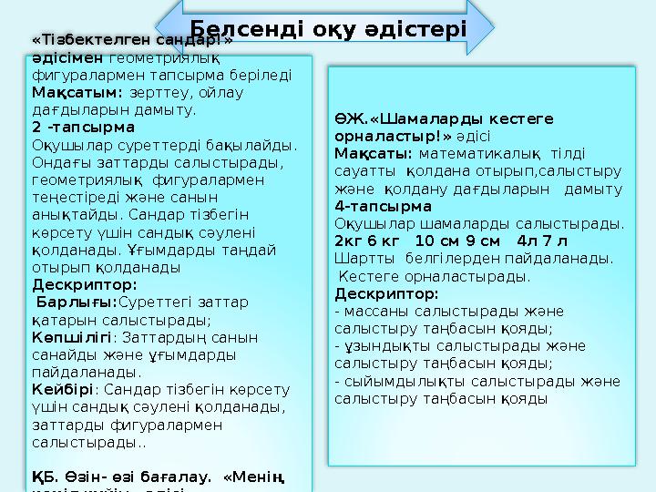 Белсенді оқу әдістері «Тізбектелген сандар!» әдісімен геометриялық фигуралармен тапсырма беріледі Мақсатым: зерттеу, ойлау