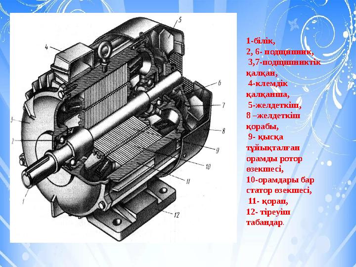 1-білік, 2, 6- подщипник, 3,7-подщипниктік қалқан, 4-клемдік қалқанша, 5-желдеткіш, 8 –желдеткіш қорабы, 9- қысқа