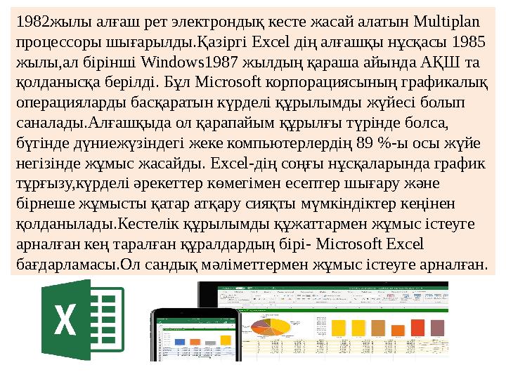 1982жылы алғаш рет электрондық кесте жасай алатын Multiplan процессоры шығарылды.Қазіргі Excel дің алғашқы нұсқасы 1985 ж