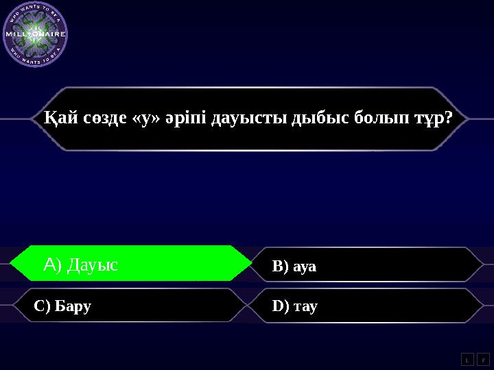 Қай сөзде «у» әріпі дауысты дыбыс болып тұр? A) Дауыс B) ауа C) Бару D) тау L FА ) Дауыс