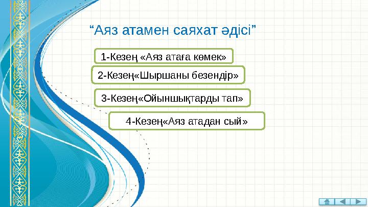 “ Аяз атамен саяхат әдісі” 1-Кезең «Аяз атаға көмек» 2-Кезең «Шыршаны безендір» 3-Кезең «Ойыншықтарды тап» 4-Кезең «Аяз атадан