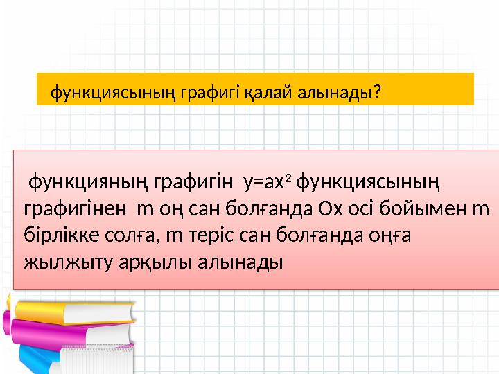 - Квадрат функцияның графигі? Өткен тақырыпты қайталау: парабола функция c ының графигі қалай алынады? функцияның графиг