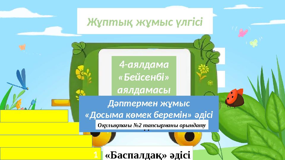 Жұптық жұмыс үлгісі Неправильный ответ Неправильный ответ4-аялдама «Бейсенбі» аялдамасы Дәптермен жұмыс «Досыма көмек беремі