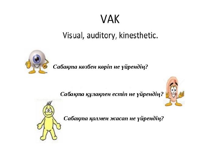 Сабақта көзбен көріп не үйрендің ? Сабақта құлақпен естіп не үйрендің ? Сабақта қолмен жасап не үйрендің ?
