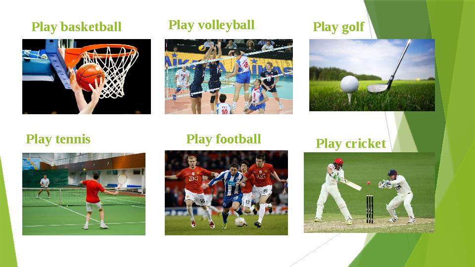 Play volleyball Play basketball Play golf Play tennis Play football Play cricket