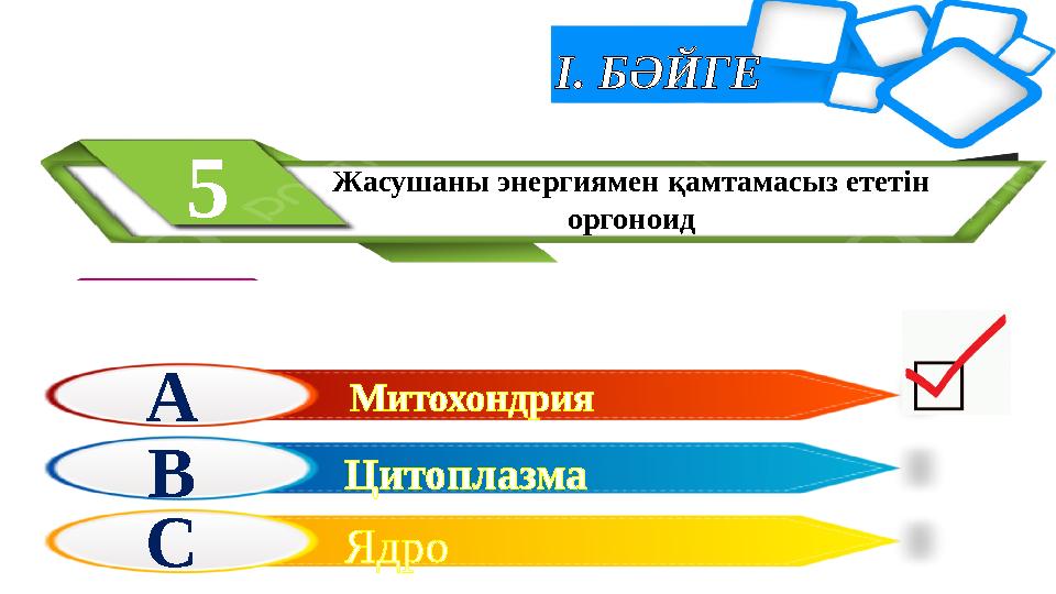 І. БӘЙГЕ Жасушаны энергиямен қамтамасыз ететін оргоноид5 А В С Митохондрия Цитоплазма Ядро