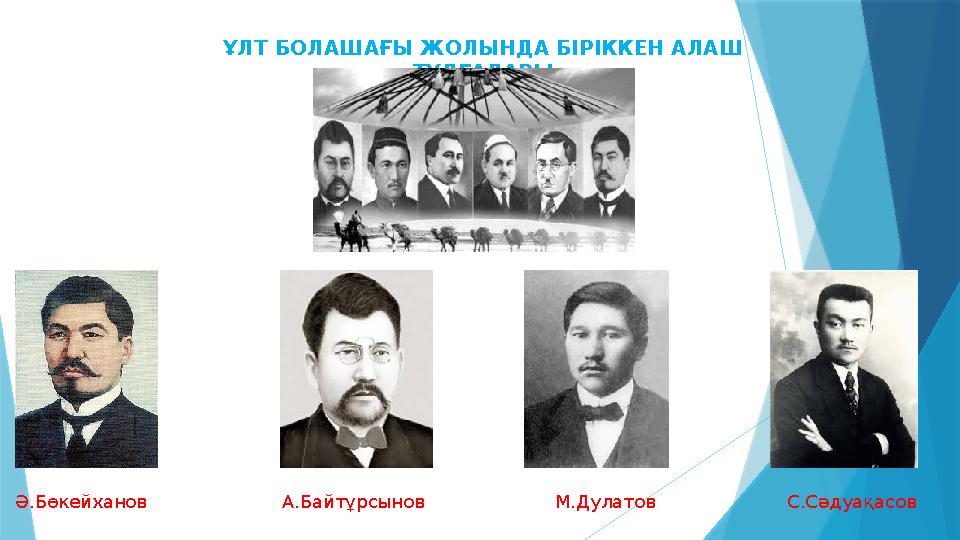 ҰЛТ БОЛАШАҒЫ ЖОЛЫНДА БІРІККЕН АЛАШ ТҰЛҒАЛАРЫ Ә.Бөкейханов А.Байтұрсынов М.Дулатов С.Сәдуақасов