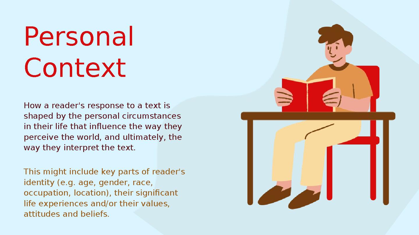 Personal Context How a reader's response to a text is shaped by the personal circumstances in their life that influence the w