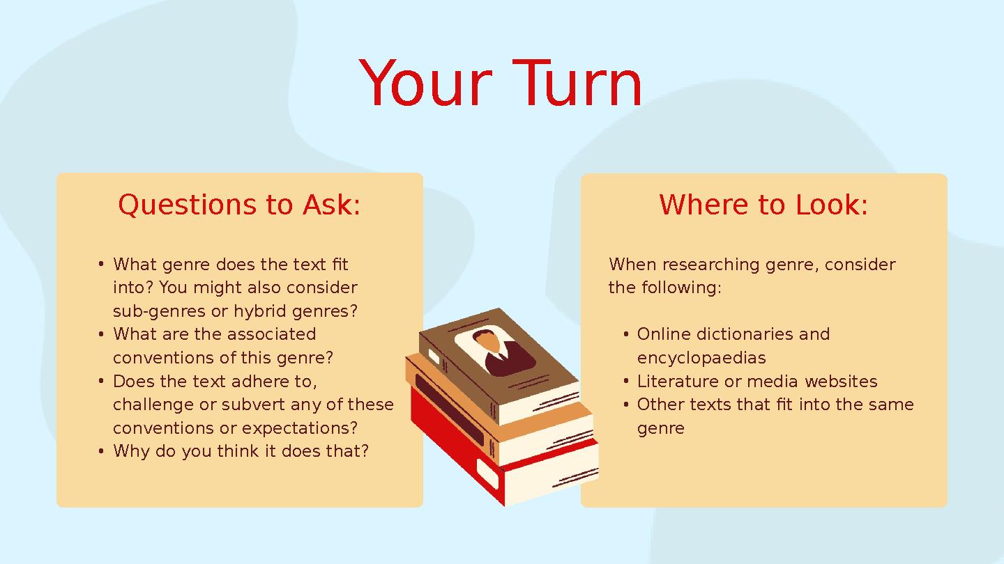 Your Turn • What genre does the text fit into? You might also consider sub-genres or hybrid genres? • What are the associated