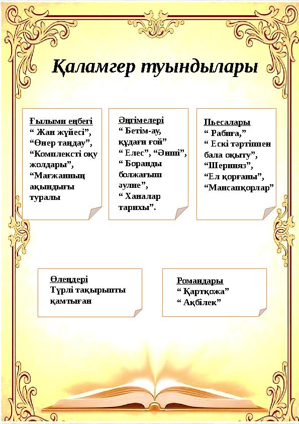 Ғылыми еңбегі “ Жан жүйесі”, “ Өнер таңдау”, “Комплексті оқу жолдары”, “Мағжанның ақындығы туралы Өлеңдері Түрлі тақырып