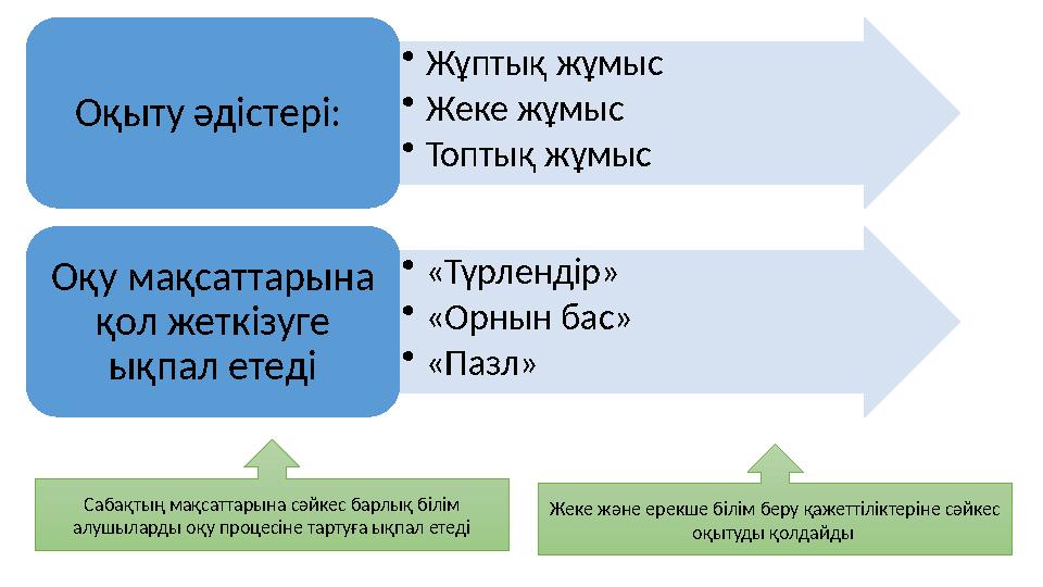 •Жұптық жұмыс •Жеке жұмыс •Топтық жұмыс Оқыту әдістері: •«Түрлендір» •«Орнын бас» •«Пазл» Оқу мақсаттарына қол жеткізуге ық