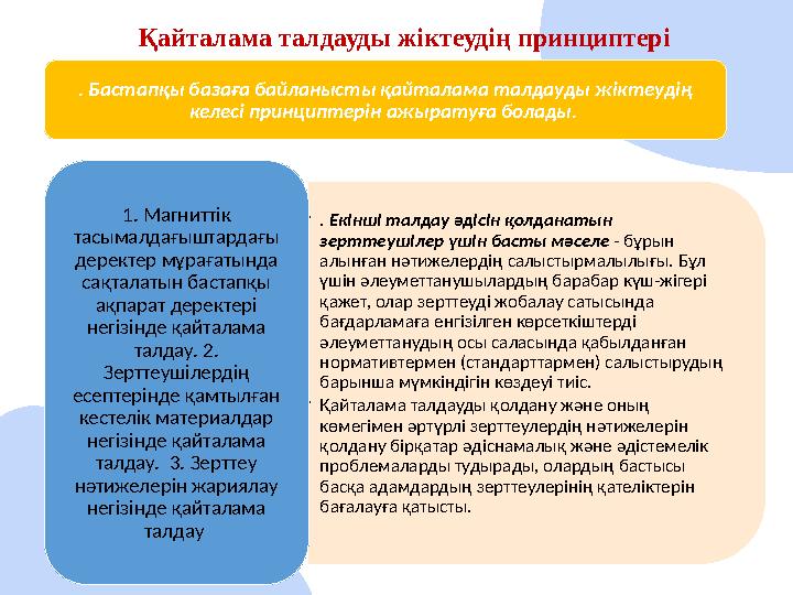 Қайталама талдауды жіктеудің принциптері . Бастапқы базаға байланысты қайталама талдауды жіктеудің келесі принциптерін ажыратуғ