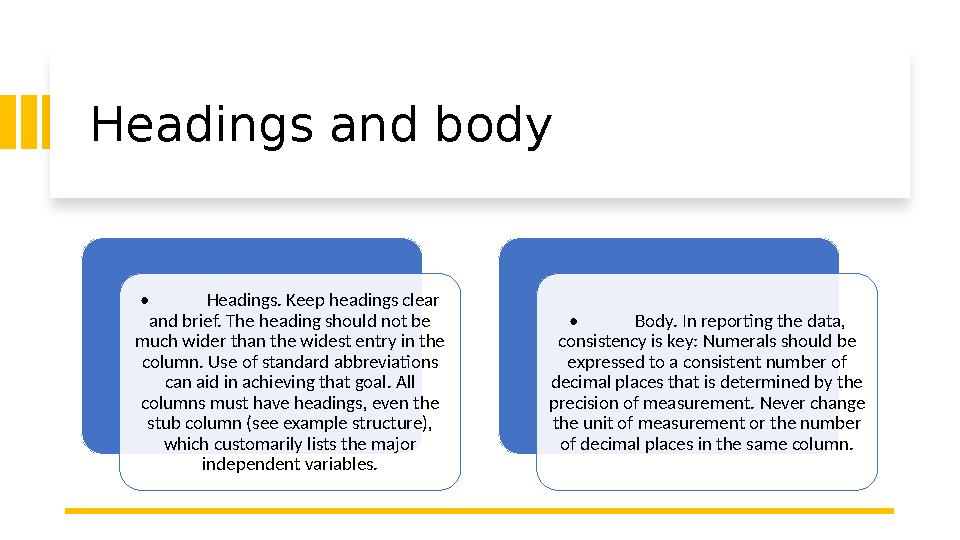 Headings and body • Headings. Keep headings clear and brief. The heading should not be much wider than the widest entry in t