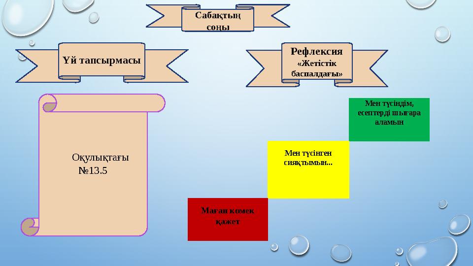 Сабақтың соңы Оқулықтағы №13.5 Рефлексия «Жетістік баспалдағы» Үй тапсырмасы Мен түсіндім, есептерді шығара аламы