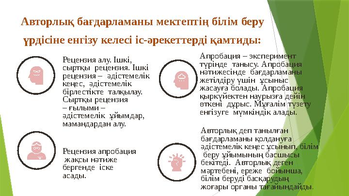 Авторлық бағдарламаны мектептің білім беру үрдісіне енгізу келесі іс-əрекеттерді қамтиды: Рецензия алу. Ішкі,