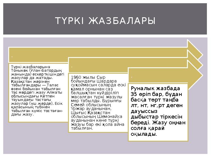 . Түркі жазбаларына Тоныкөк (Улан-Батордың жанында) ескерткішіндегі жазулар да жатады. Қазақстан жерінен табылғандары — Тал