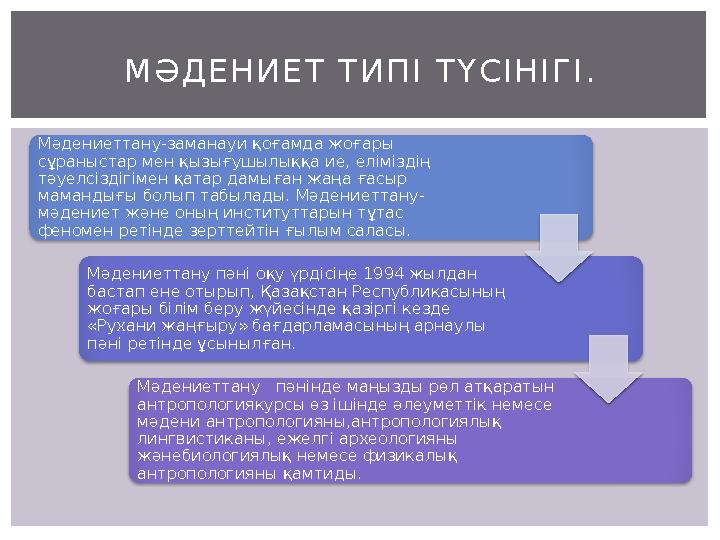 Мәдениеттану-заманауи қоғамда жоғары сұраныстар мен қызығушылыққа ие, еліміздің тәуелсіздігімен қатар дамыған жаңа ғасыр мам