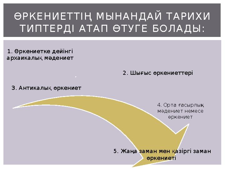 1. Өркениетке дейінгі архаикалық мәдениет 2. Шығыс өркениеттері 3. Антикалық өркениет 4. Орта ғасырлық мәдениет немесе өркени