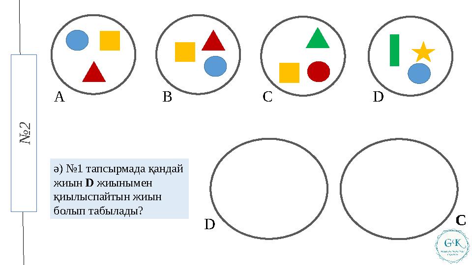 А В С D D Сә) №1 тапсырмада қандай жиын D жиынымен қиылыспайтын жиын болып табылады?№ 2