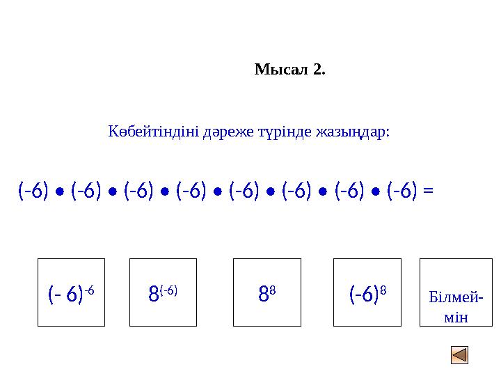 Мысал 2. Көбейтіндіні дәреже түрінде жазыңдар: (- 6) -6 Білмей- мін (-6) 8 8 (-6) 8 8 (-6) • (-6) • (-6) • (-6) • (-6) • (-6) •