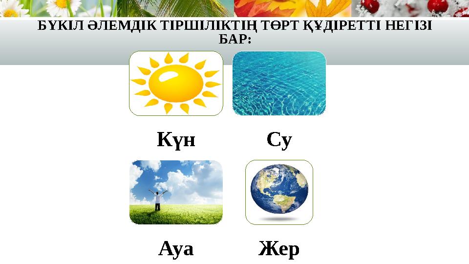 Күн Су Ауа Жер БҮКІЛ ӘЛЕМДІК ТІРШІЛІКТІҢ ТӨРТ ҚҰДІРЕТТІ НЕГІЗІ БАР: