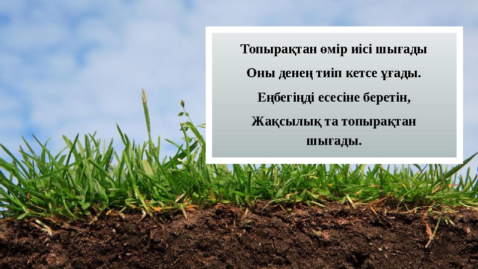 Топырақтан өмір иісі шығады Оны денең тиіп кетсе ұғады. Еңбегіңді есесіне беретін, Жақсылық та топырақтан шығады.