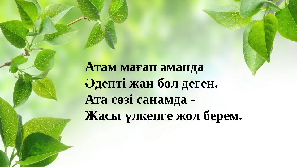 Атам маған әманда Әдепті жан бол деген. Ата сөзі санамда - Жасы үлкенге жол берем.