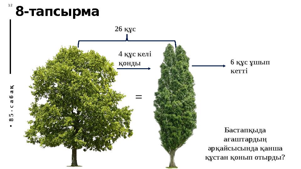 П У Т Е Ш Е С Т В И Е А Н Н Ы 12 M • 8 5 - с а б а қ 8-тапсырма 26 құс 6 құс ұшып кетті 4 құс келі қонды = Бастапқыда ағаш